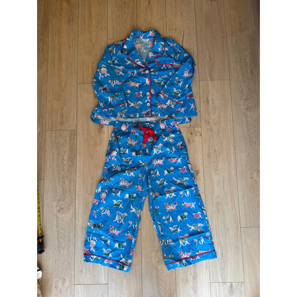 MERSEA Women's M Blue Dog Print Cotton Pajama Set Long Sleeve Button Top & Pants - Picture 2 of 10